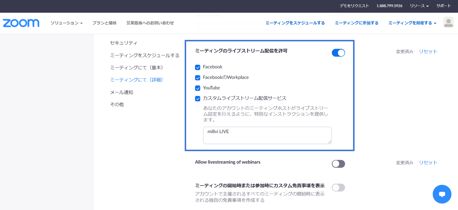 zoom設定画面のキャプチャ。