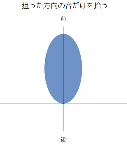 超指向性マイクがかなり狭い範囲で前方の音を拾うことを示したイメージ図